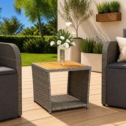 Tea Table Grey Poly Rattan Wooden Top Patio Garden Outdoor Furniture Steel Frame