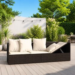 Outdoor Lounge Bed Sun Lounger Adjustable Backrest Poly Rattan Cushions Brown