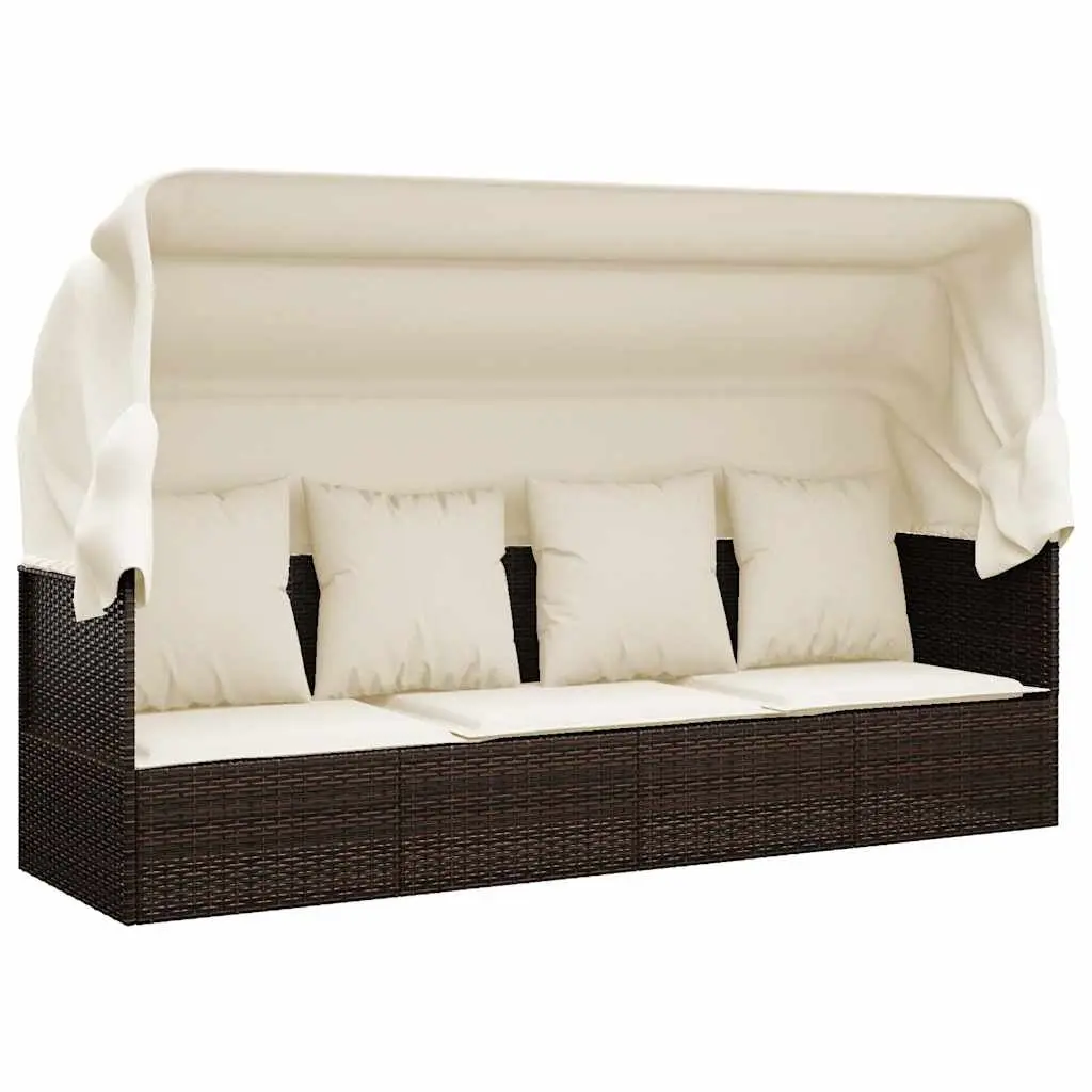 Outdoor Lounge Bed with Adjustable Roof and Cushions Brown Rattan