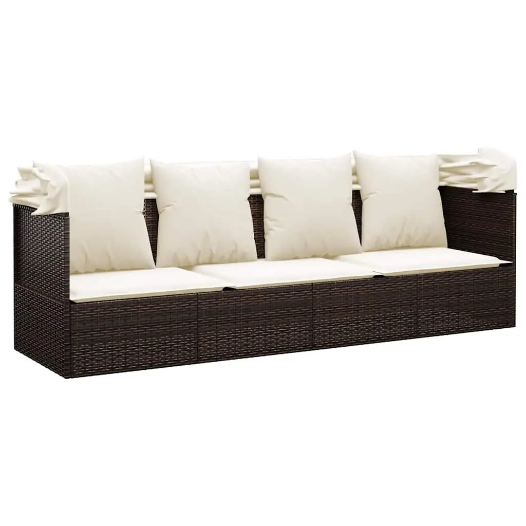 Outdoor Lounge Bed with Adjustable Roof and Cushions Brown Rattan