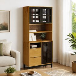 Highboard Storage Cabinet with Glass Doors Shelves Drawers Solid Pine Wood