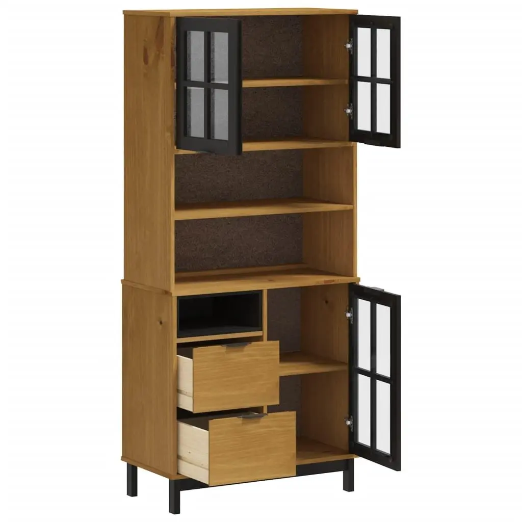 Highboard Storage Cabinet 80W x 40D x 180H cm Solid Pine Wood Glass Doors Shelves Drawers