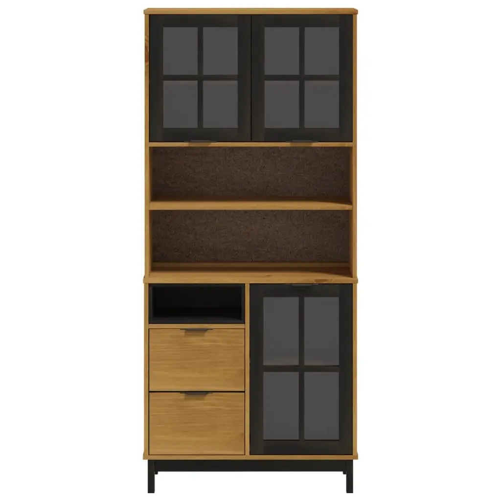 Highboard Storage Cabinet 80W x 40D x 180H cm Solid Pine Wood Glass Doors Shelves Drawers