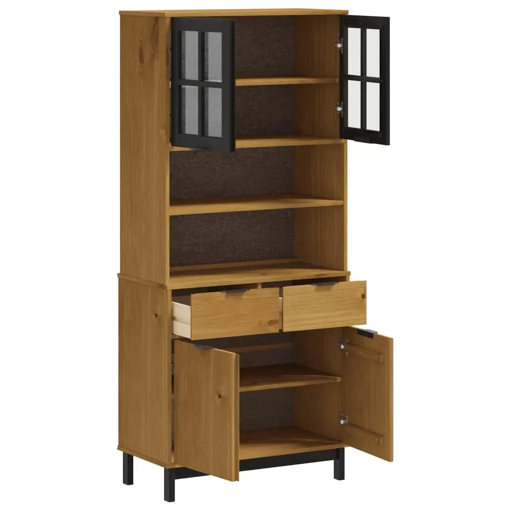 Highboard 80 x 40 x 180 cm Brown Solid Wood Storage Cabinet with Glass Doors Shelves and Drawers