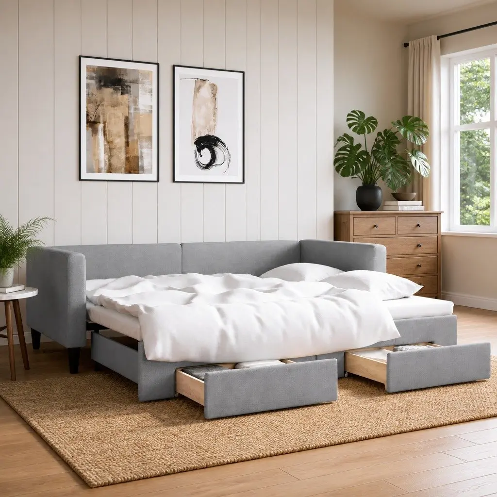 Daybed 90x190cm with Trundle and Storage Drawers Grey