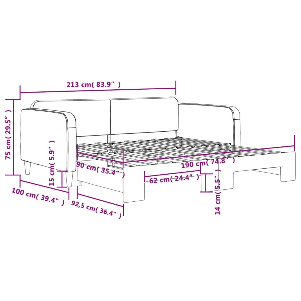 Daybed with Trundle Grey 90x190 cm 2-in-1 Sofa Bed Frame for Guest Bedroom Living Room