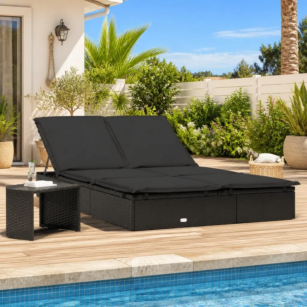 2-Person Sunbed Lounger Adjustable Black Poly Rattan with Cushions