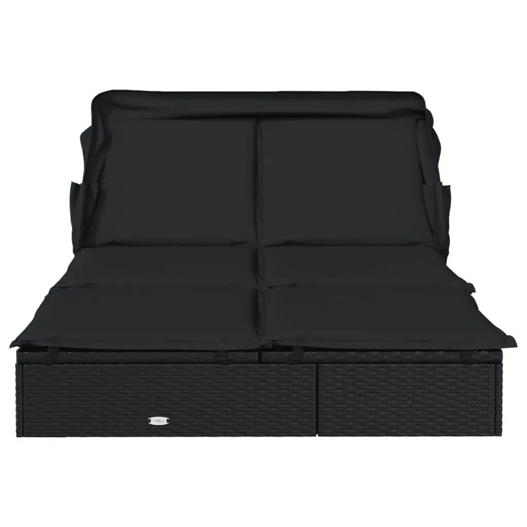 2-Person Sun Lounger Daybed Foldable Canopy Roof Weather Resistant PE Rattan Steel Frame Outdoor Seating