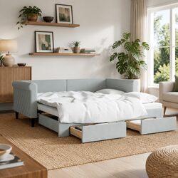 Daybed with Trundle and Storage Drawers Grey 90x190 cm Sofa Bed Frame