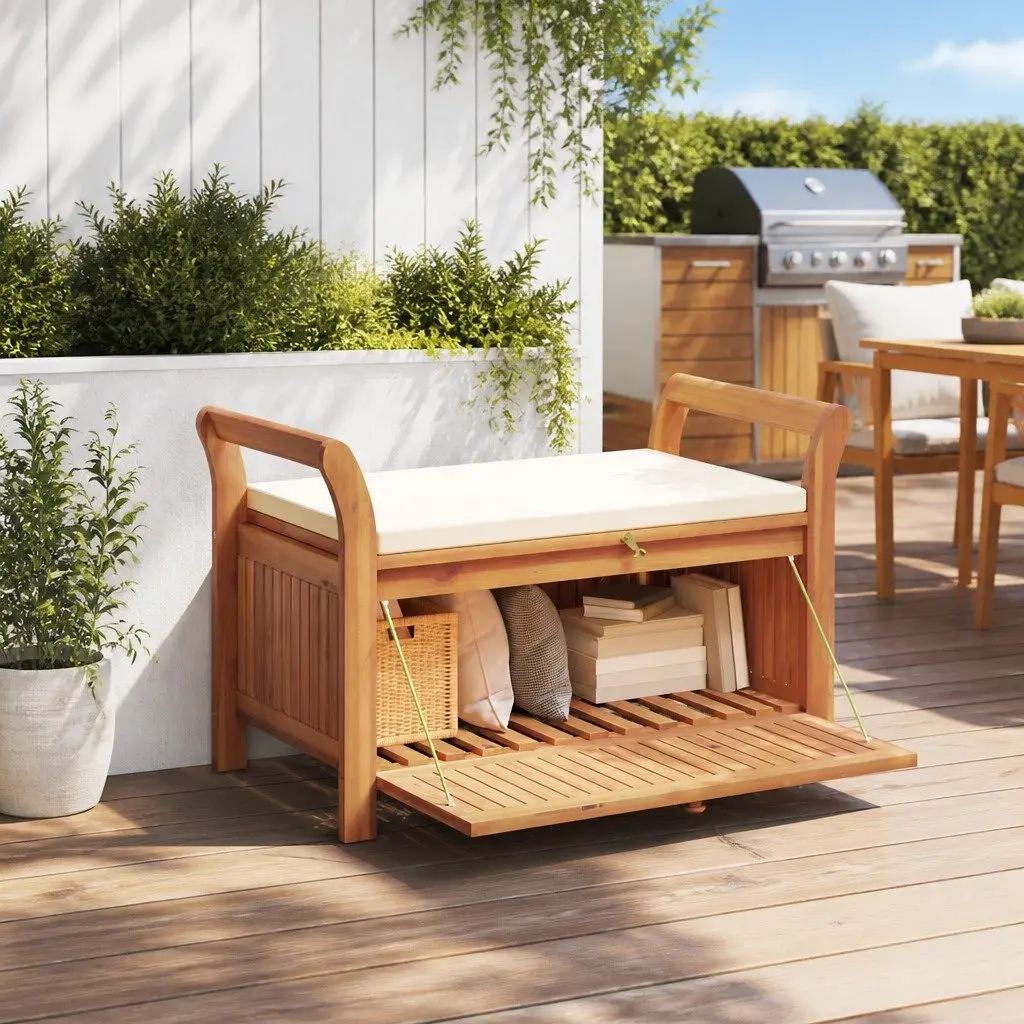 Garden Storage Bench 126cm Wooden Outdoor Seating with Cushion