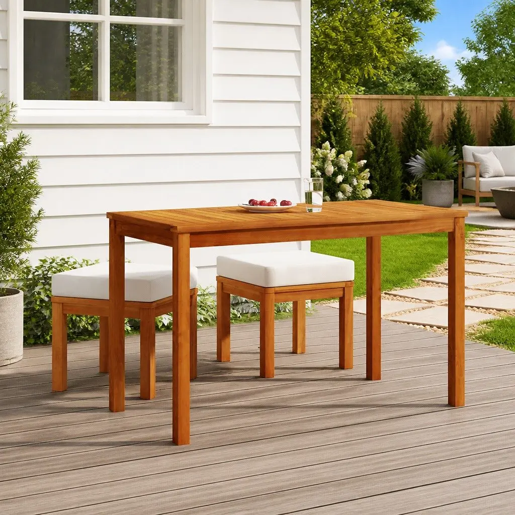 Outdoor Dining Set 3 Piece Wooden Table and Chairs with Cushions for Garden Patio