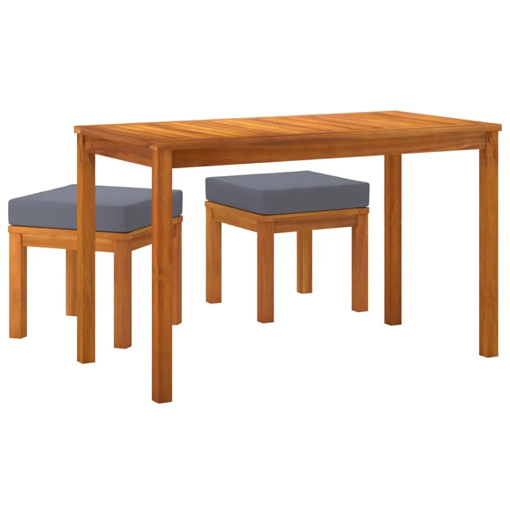Garden Dining Set 3 Piece Outdoor Furniture Acacia Wood Cushioned Stools Grey