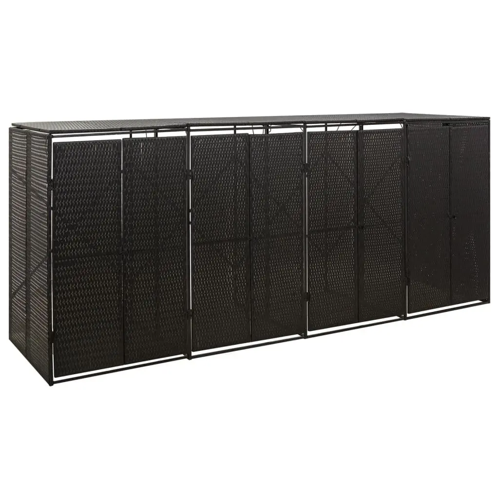 Quadruple Wheelie Bin Shed Black Outdoor Garden Waste Container Enclosure Hinged Lid Lockable Front Doors Weather Resistant Poly Rattan