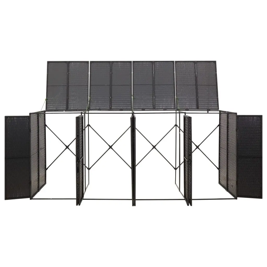 Quadruple Wheelie Bin Shed Black Outdoor Garden Waste Container Enclosure Hinged Lid Lockable Front Doors Weather Resistant Poly Rattan