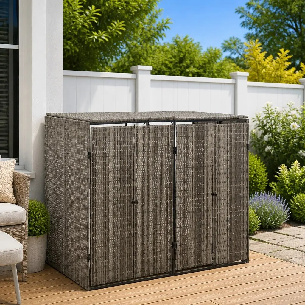 Double Wheelie Bin Shed Grey Outdoor Storage Durable Poly Rattan Construction Hinged Lid and Lock Mechanism
