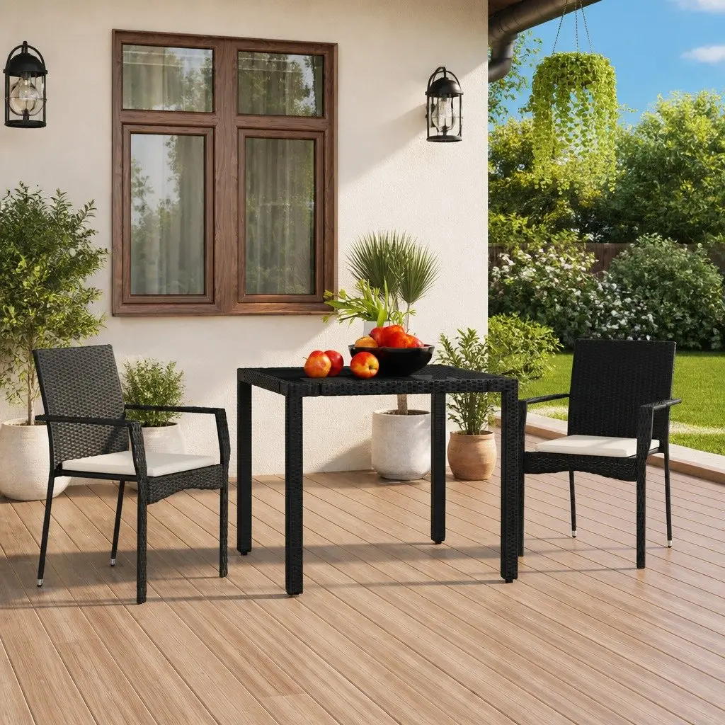 Outdoor Garden Chairs 2 pcs Black Poly Rattan with Cushions Weather Resistant Patio Seating Set