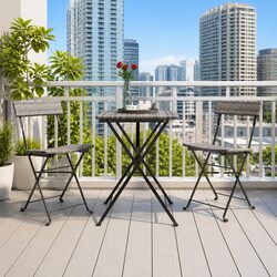 Folding Bistro Set 3 Piece Grey Poly Rattan Outdoor Garden Patio Dining Table