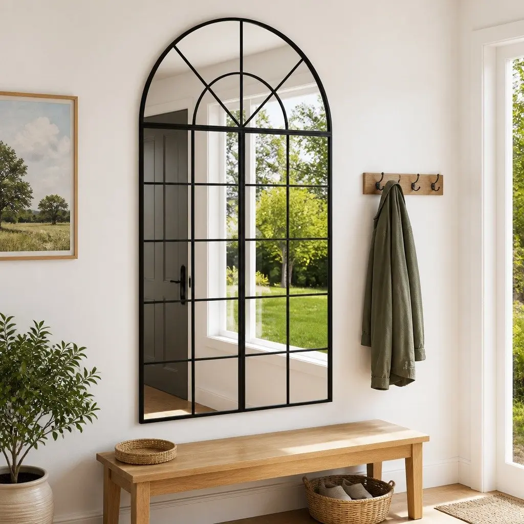 Wall Mirror 80x140 cm Arch Black Iron Frame Glass Decor