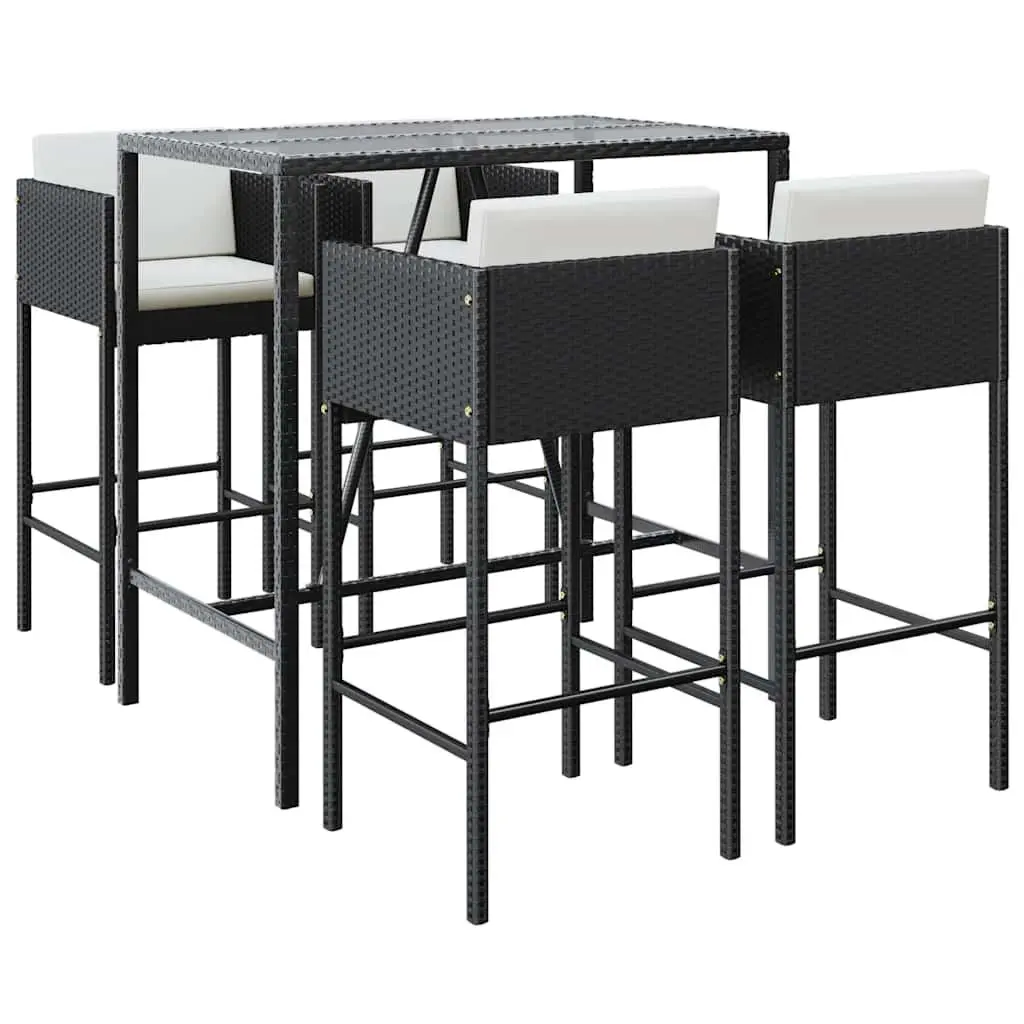 5 Piece Outdoor Garden Bar Set Black Poly Rattan Weather Resistant with Cushioned Stools