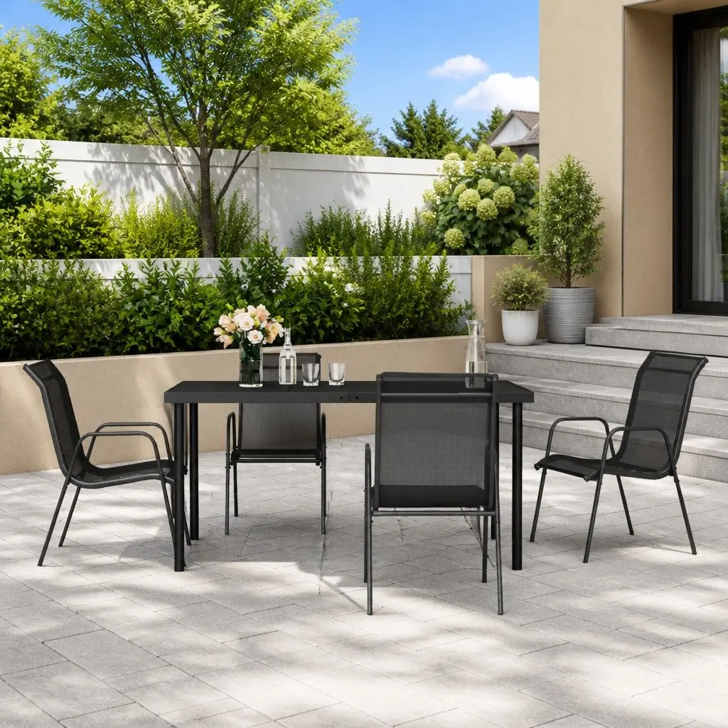 Outdoor Dining Set 5 Piece Glass Table Black Steel Textilene Chairs Durable Weather Resistant for Garden Patio or Balcony