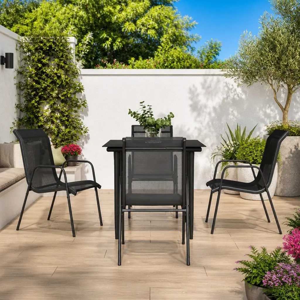 Garden Dining Set 5 Piece Black Steel Textilene Chairs Outdoor Patio Furniture