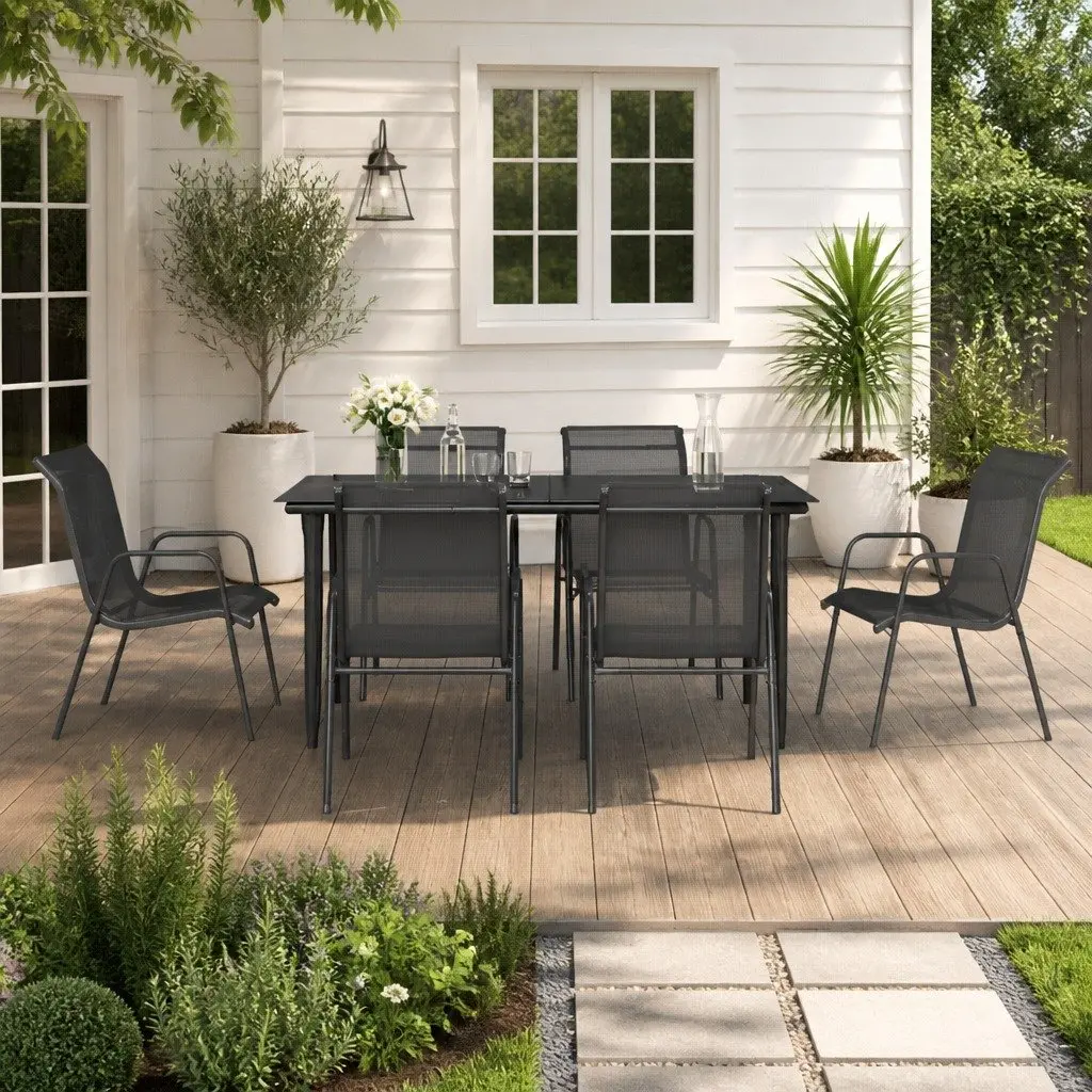 Outdoor Dining Set 7 Piece Black Steel Frame with Weather Resistant Textilene Chairs and Tempered Glass Table for Garden and Patio