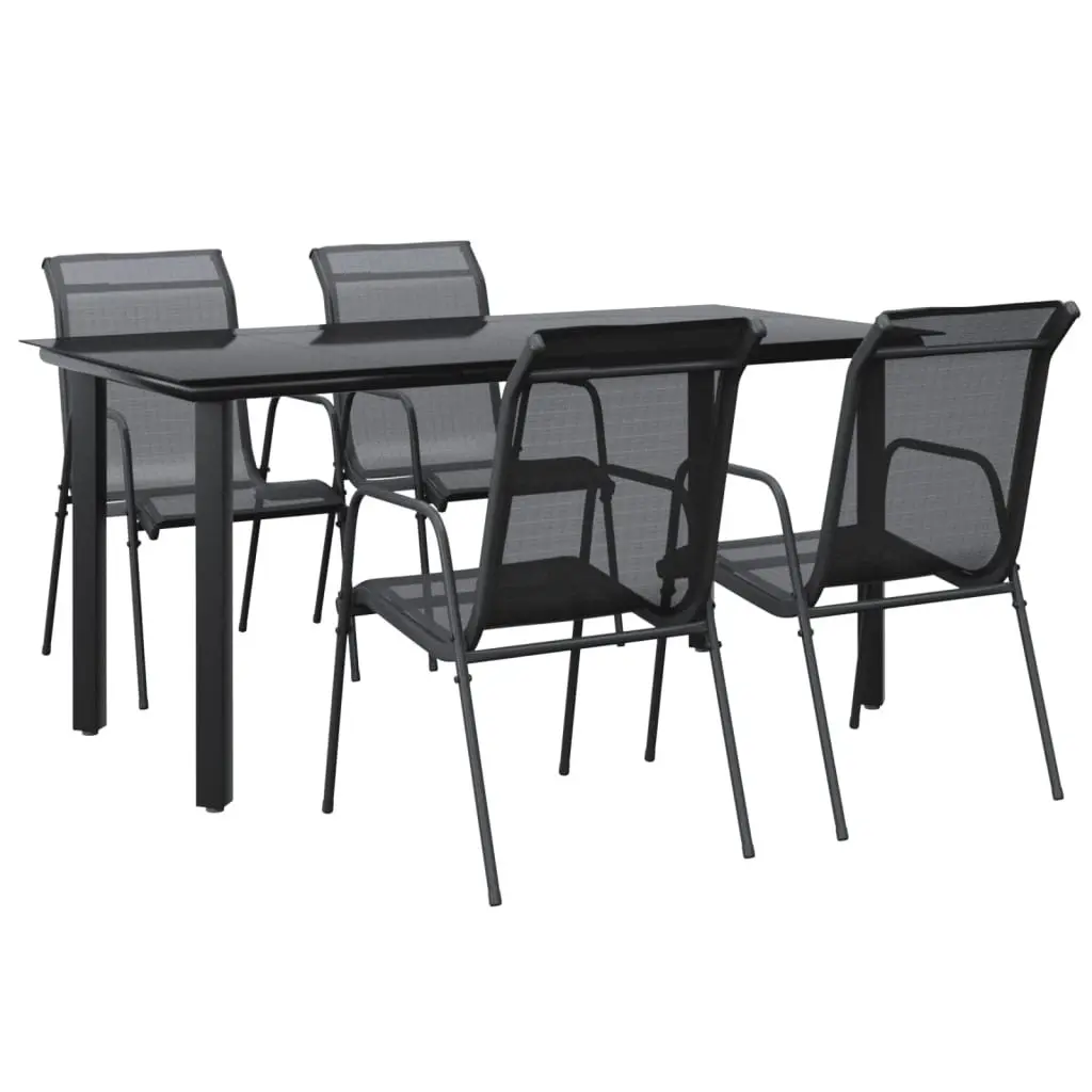 Outdoor Dining Set 5 Piece Black Steel Frame Textilene Chairs Tempered Glass Table