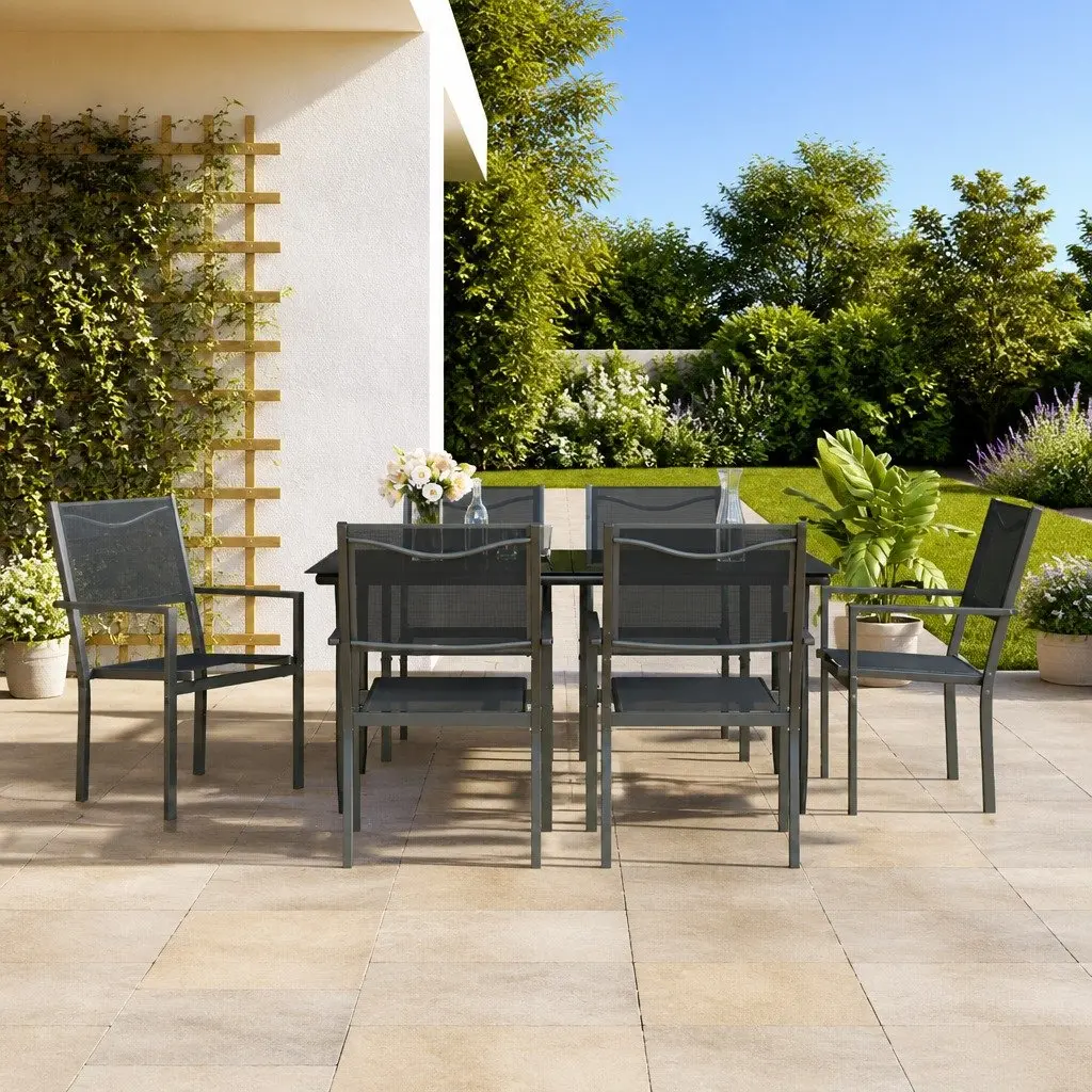 Outdoor Dining Set 7 Piece Patio Table and Chairs Black Steel Textilene Fabric