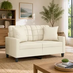 2-Seater Sofa with Throw Pillows Modern Lounge Couch Cream Faux Leather 120cm
