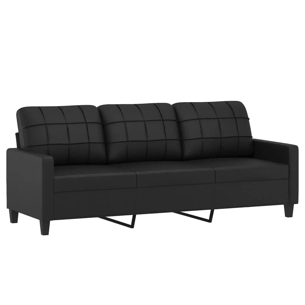 3-Seater Sofa Black Faux Leather Modern Design Lounge Couch with Throw Pillows