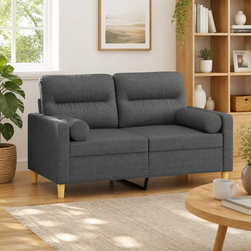 2-Seater Sofa 120cm Grey Fabric Modern Lounge Couch with Throw Pillows