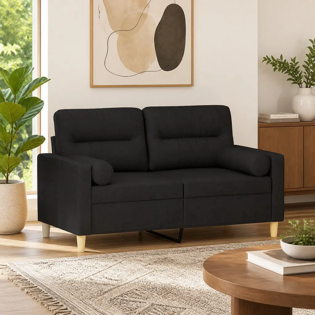2-Seater Sofa 120cm Black Fabric Modern Lounge Couch with Throw Pillows