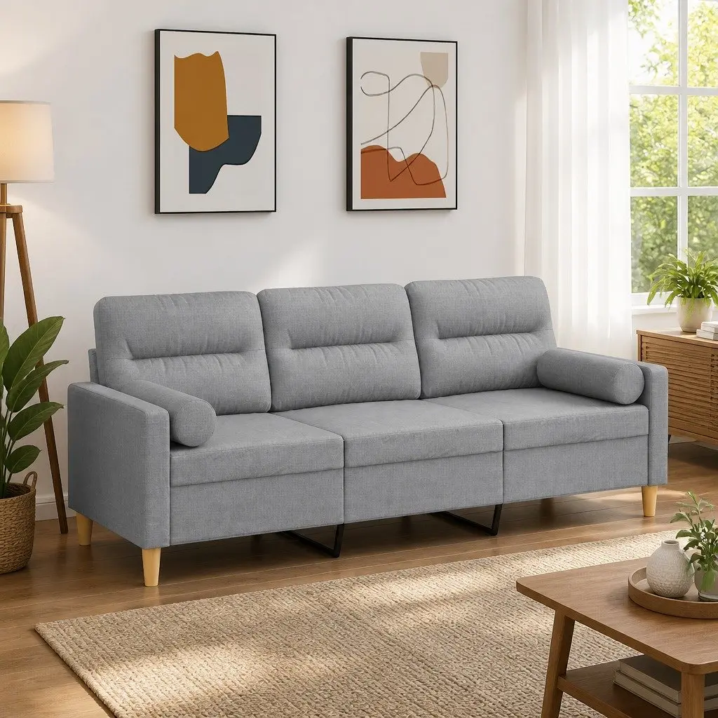 3-Seater Sofa Light Grey 180cm Modern Lounge Fabric Couch with Throw Pillows