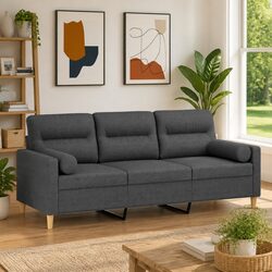 3-Seater Sofa Dark Grey 180cm Modern Lounge with Throw Pillows Fabric Couch