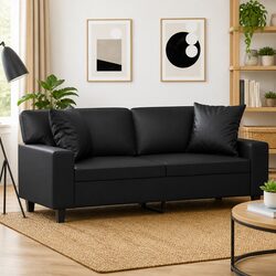 2-Seater Sofa Black Faux Leather Modern Lounge Couch with Throw Pillows 140cm