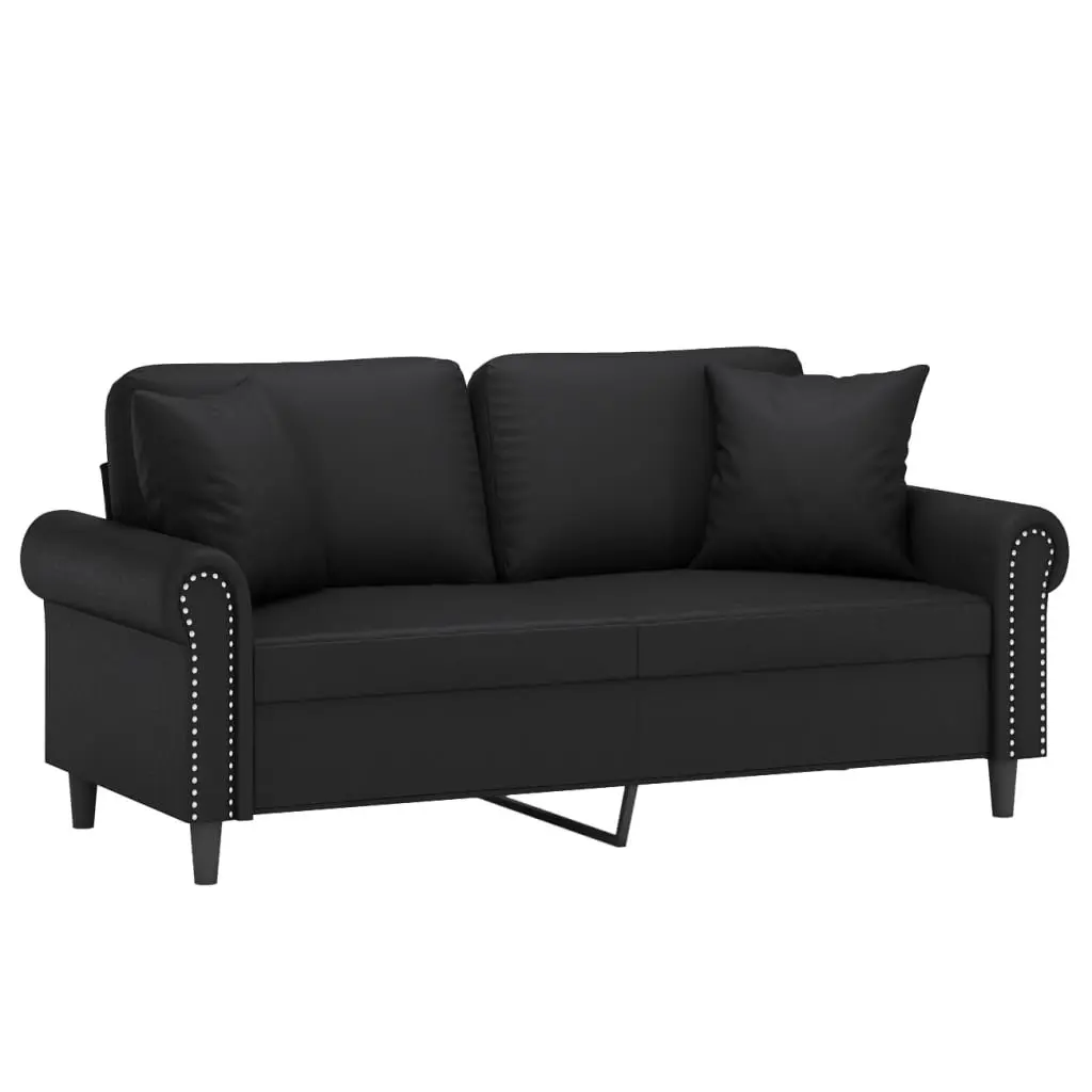 2-Seater Sofa 140cm Black Modern Lounge Faux Leather with Throw Pillows