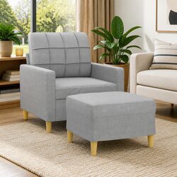 Grey Fabric Sofa Chair with Footstool Compact Armchair Reading Relaxing Lounge