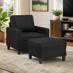 Sofa Chair with Footstool Black Faux Leather Lounge Seat Armchair Relaxing
