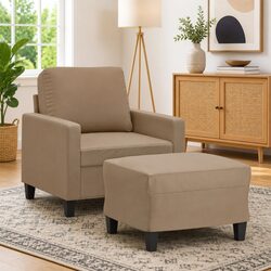 Lounge Sofa Chair and Footstool in Brown Faux Leather