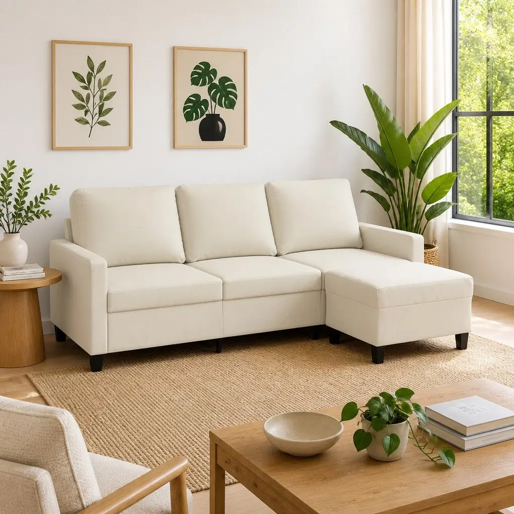 3-Seater Sofa 180cm Cream Faux Leather Upholstery with Footstool