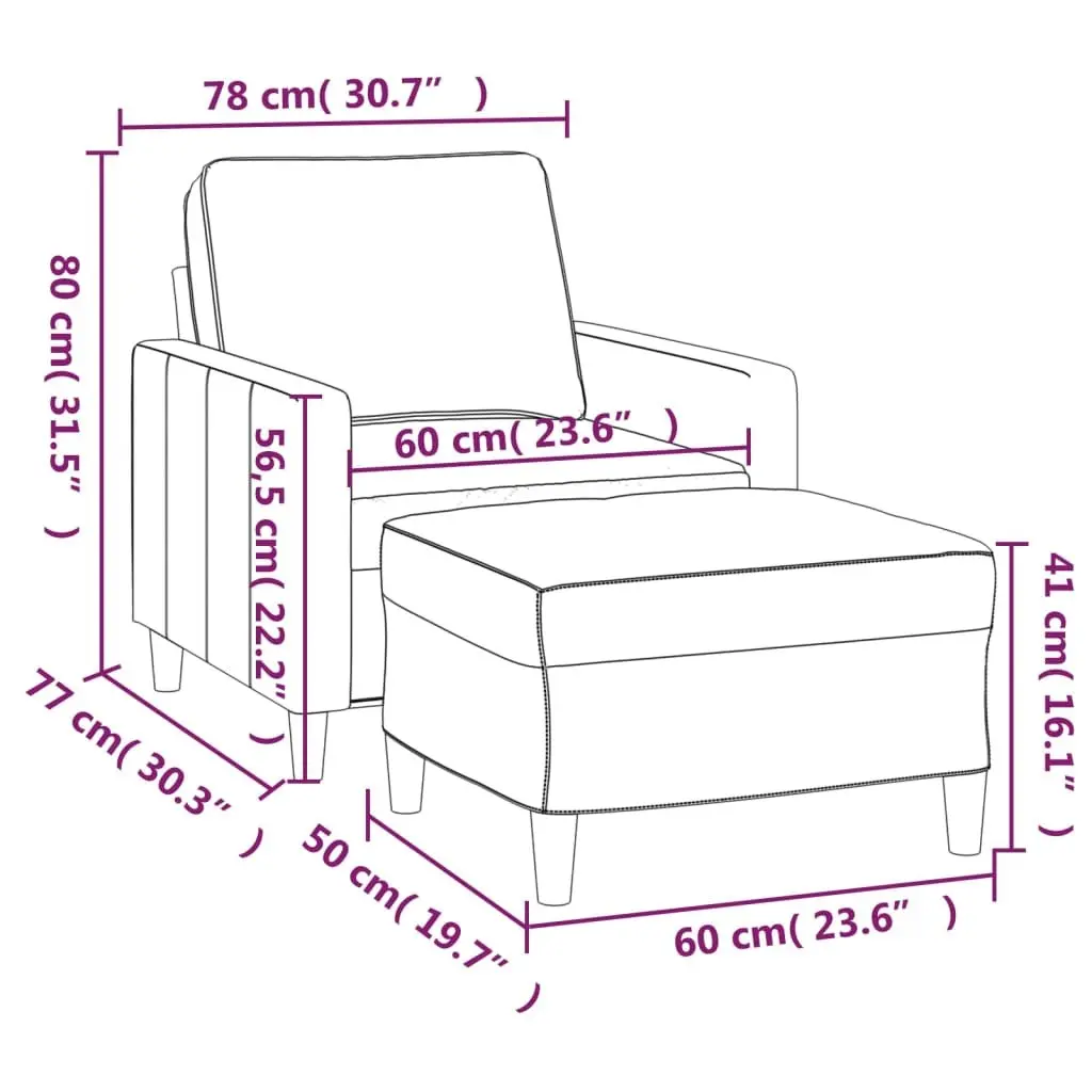 Grey Velvet Sofa Chair with Footstool Modern Living Room Armchair Compact 60cm