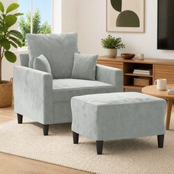 Stylish Grey Velvet Sofa Chair with Footstool for Relaxation