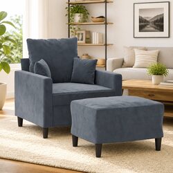 Stylish Grey Velvet Sofa Chair with Footstool for Relaxation