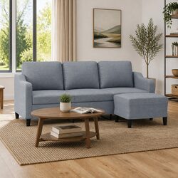 Grey Fabric 3-Seater Lounge Sofa with Footstool Set