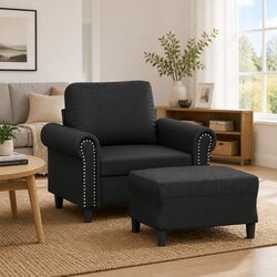 Lounge Sofa Chair with Footstool in Black Faux Leather