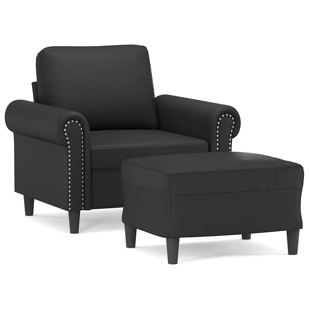 Sofa Chair with Footstool Black Faux Leather Compact Lounge Seat Armchair