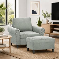 Sofa Chair with Footstool Grey Velvet Lounge Seat Armchair Living Room Furniture