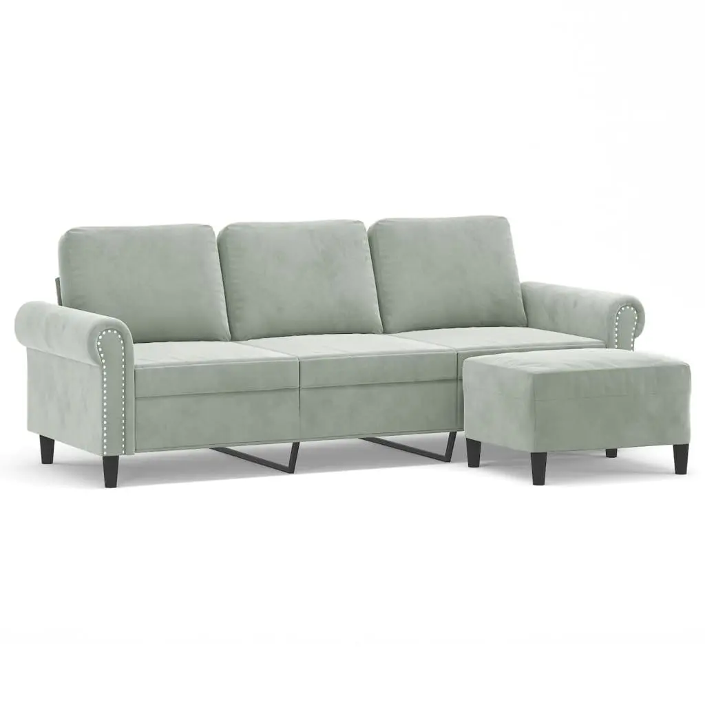 3-Seater Sofa 180cm Grey Velvet Soft Upholstery with Footstool