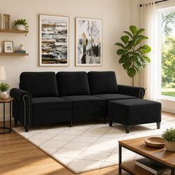 3-Seater Sofa with Footstool Black 180cm Living Room Furniture Velvet Lounge
