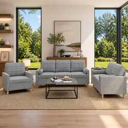3 Piece Sofa Set Grey Fabric Living Room Couch with Pillows Comfortable Seating